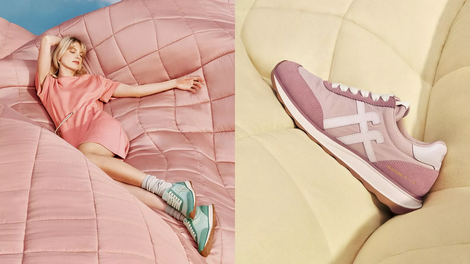 A woman with blonde hair in a pink dress reclining comfortably on a giant pink quilted cushion, wearing mint green sneakers with socks and eyes closed peacefully.