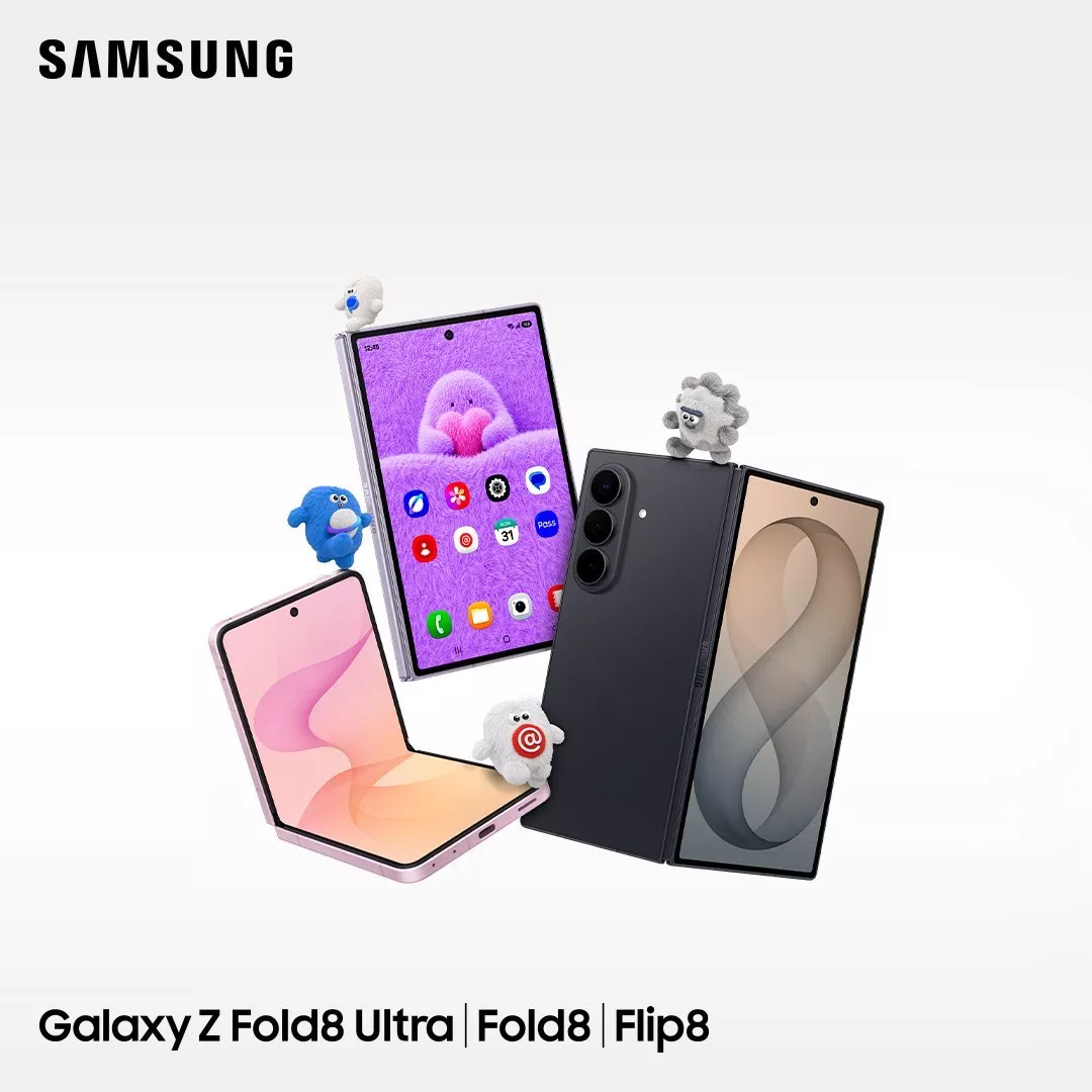 An image of the Samsung Galaxy Z Fold8 Ultra, Fold8, and Flip8 foldable smartphones surrounded by small, cute cartoon mascot figures against a plain light background.