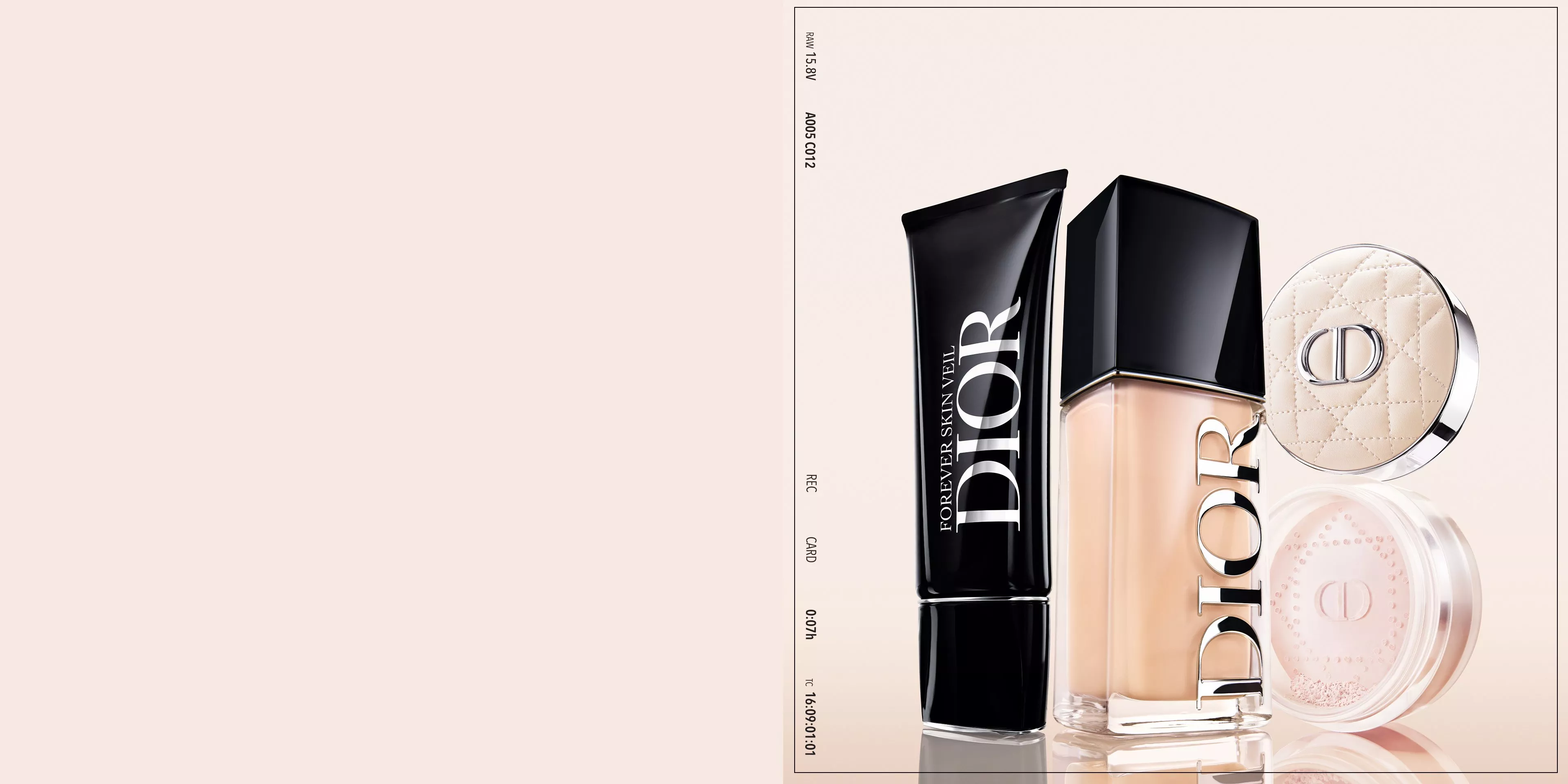 Dior Forever Skin Veil primer, Dior foundation bottle and compact powder set on a pale pink background.