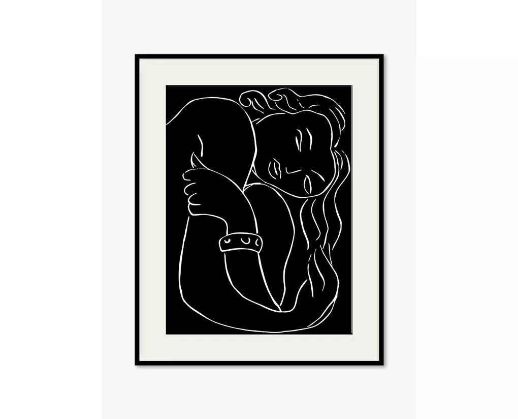 Black and white framed line art print of a reclining nude woman, minimalist modern wall decor illustration