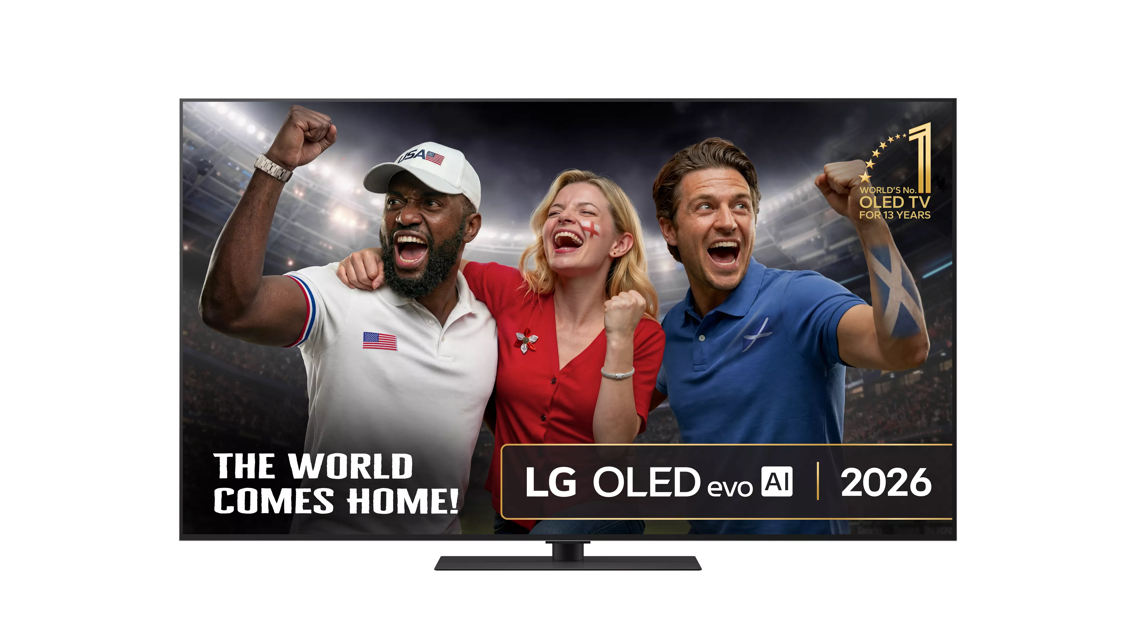 LG OLED evo AI 2026 TV advert with cheering football fans in a stadium, celebrating national teams and sport.