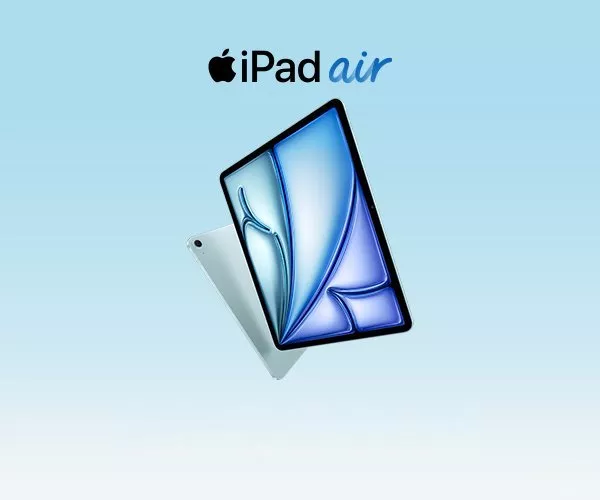 The image showcases a blue Apple iPad Air with a sleek design against a gradient blue background.