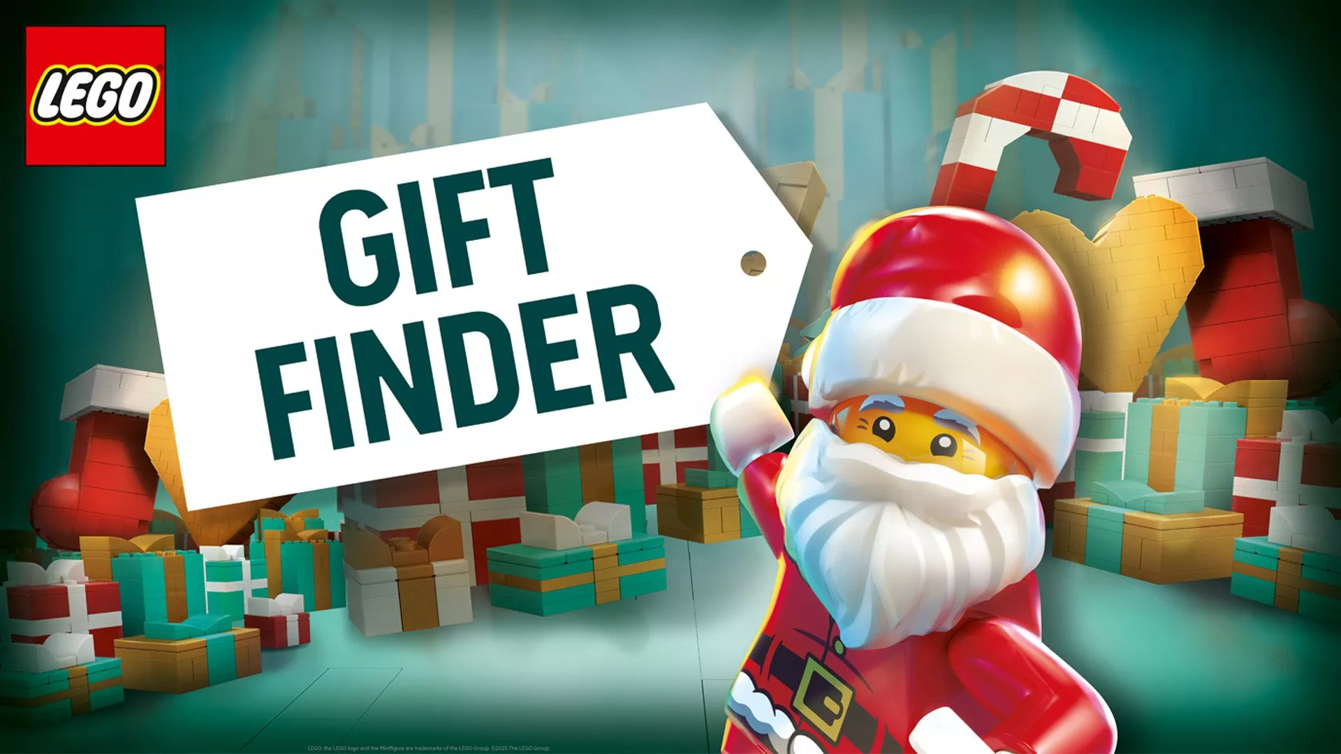 a LEGO minifigure dressed as Santa Claus waving in front of a gift tag that says 'Gift Finder', a pile of wrapped gifts and Christmas-themed objects