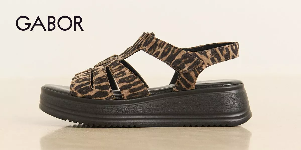 This is a banner for Gabor showing a leopard sandal.
