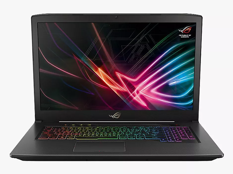 Gaming laptop with RGB keyboard and vibrant display, featuring the Republic of Gamers logo on the screen.