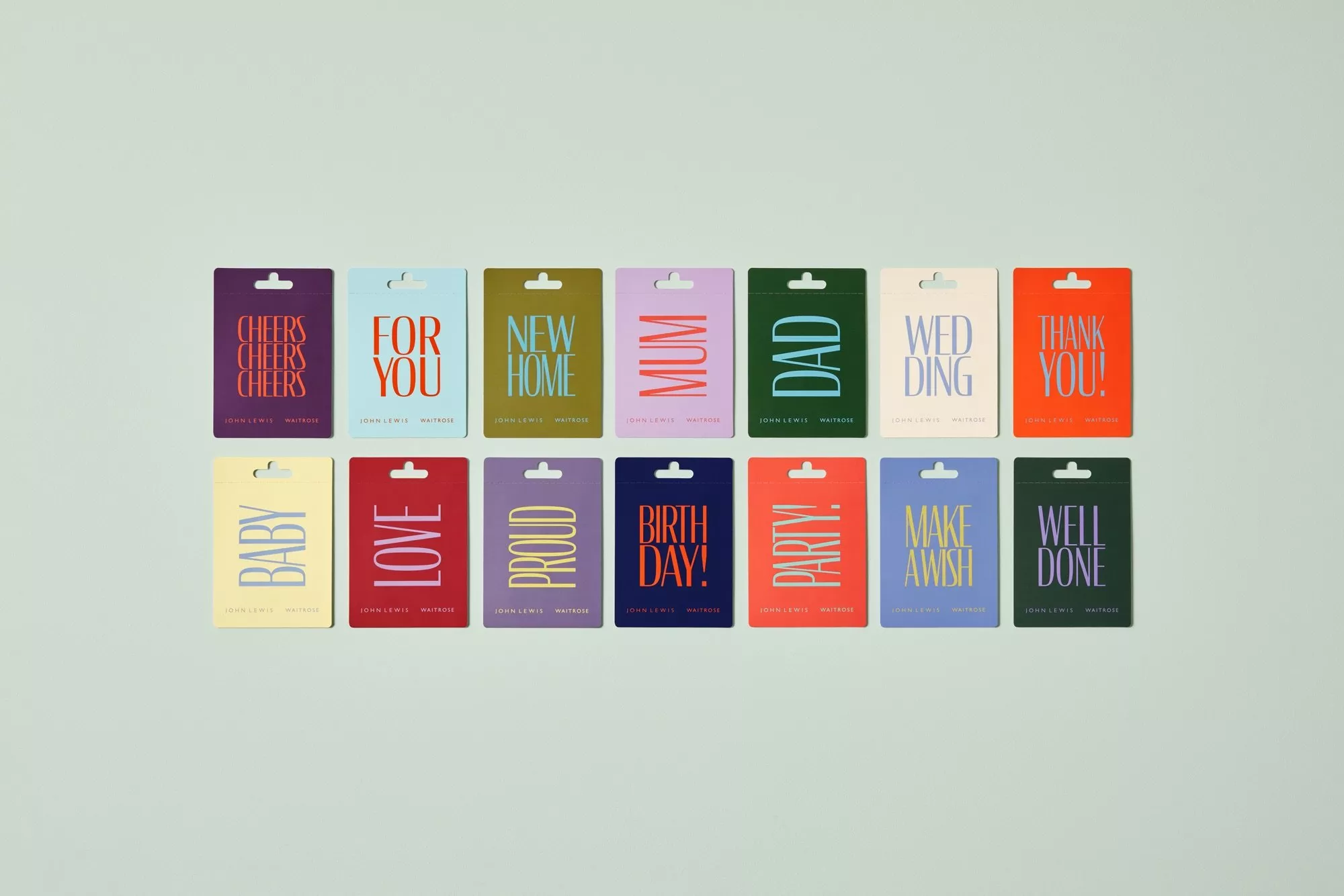 Colourful set of greeting cards for birthdays, weddings and thank you messages, arranged in two neat rows