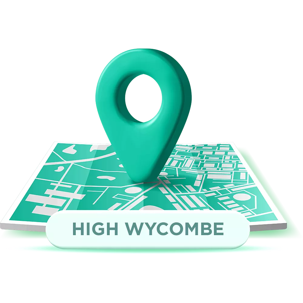 A teal map pin on a stylised map with "High Wycombe" label, conveying location information.