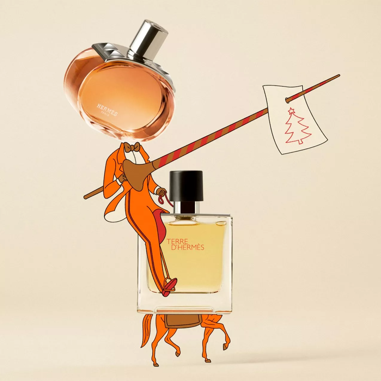 Whimsical Hermès perfume illustration combining bottle components into a figure in an orange suit riding horse legs while holding a pole with a drawn Christmas tree flag.