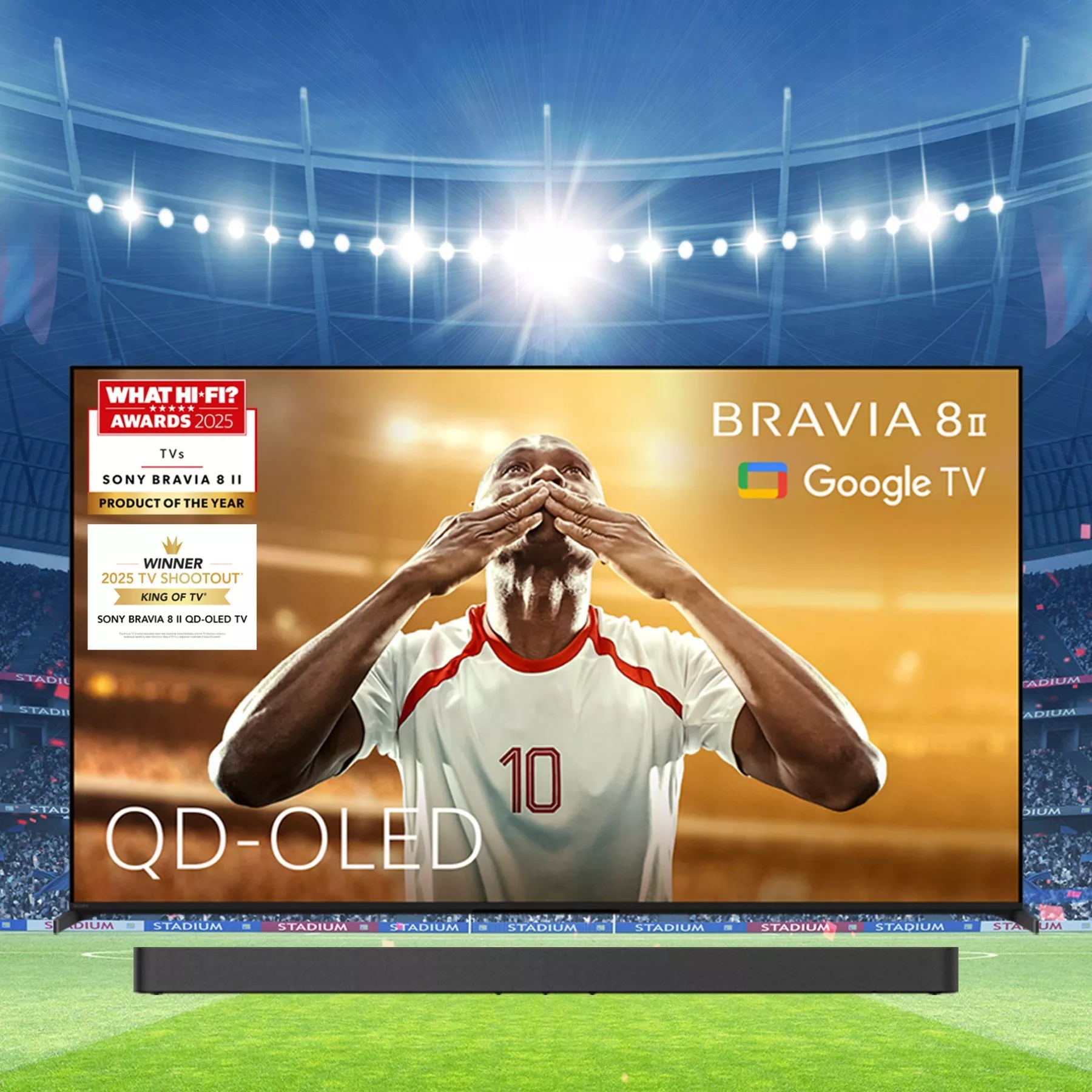 Sony BRAVIA 8 II QD-OLED Google TV showing football in a stadium, with What Hi-Fi? Awards 2025 winner badge