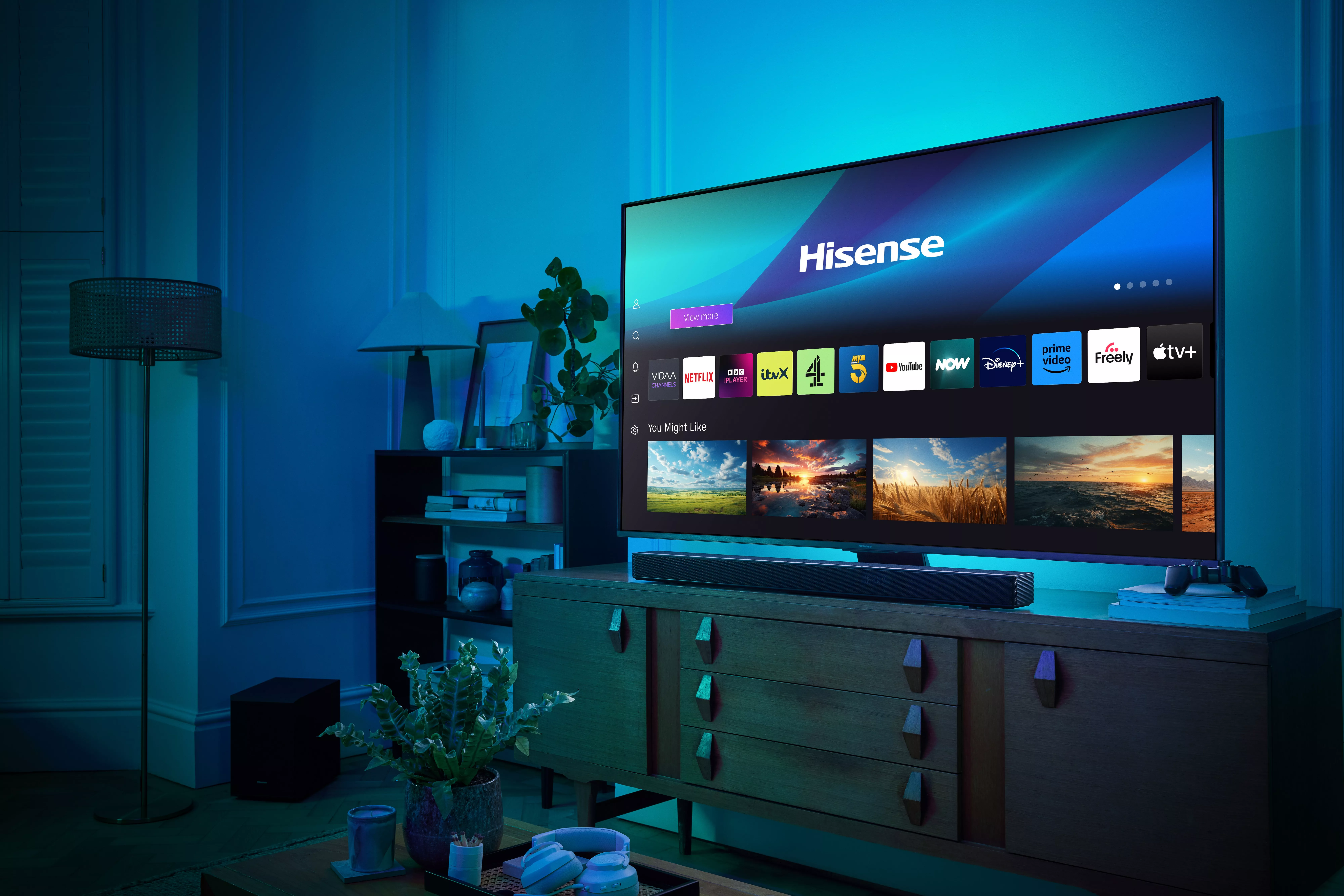 Hisense TV on a wooden TV stand