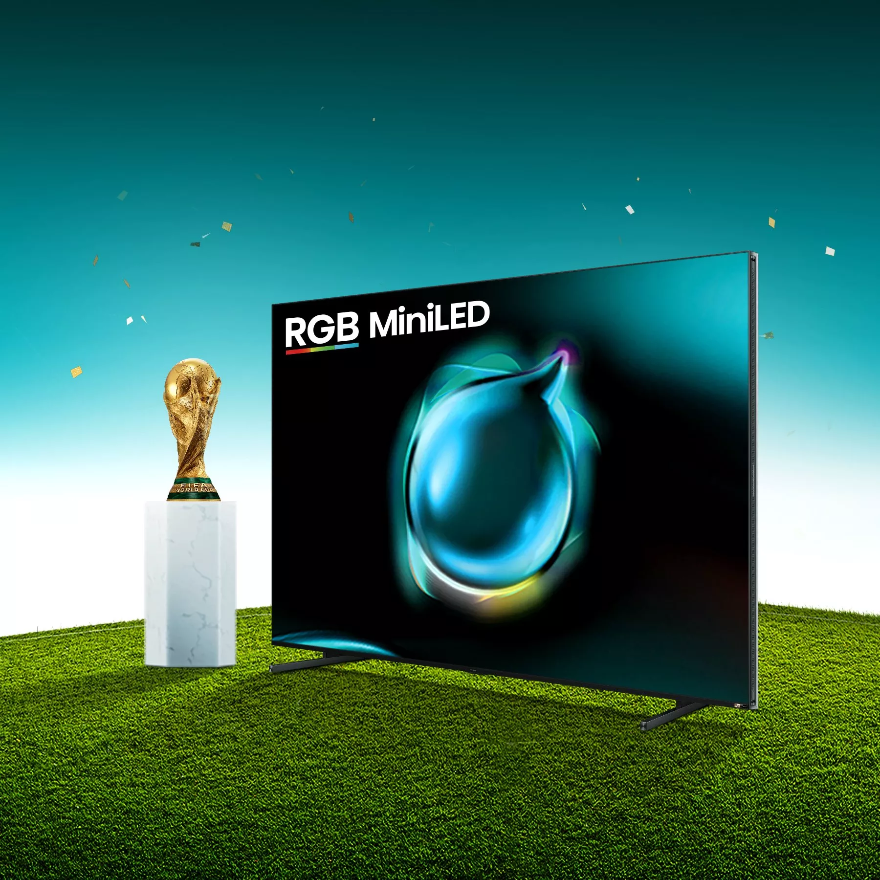 RGB MiniLED TV on football pitch beside World Cup-style trophy, showcasing vivid colours and premium display tech