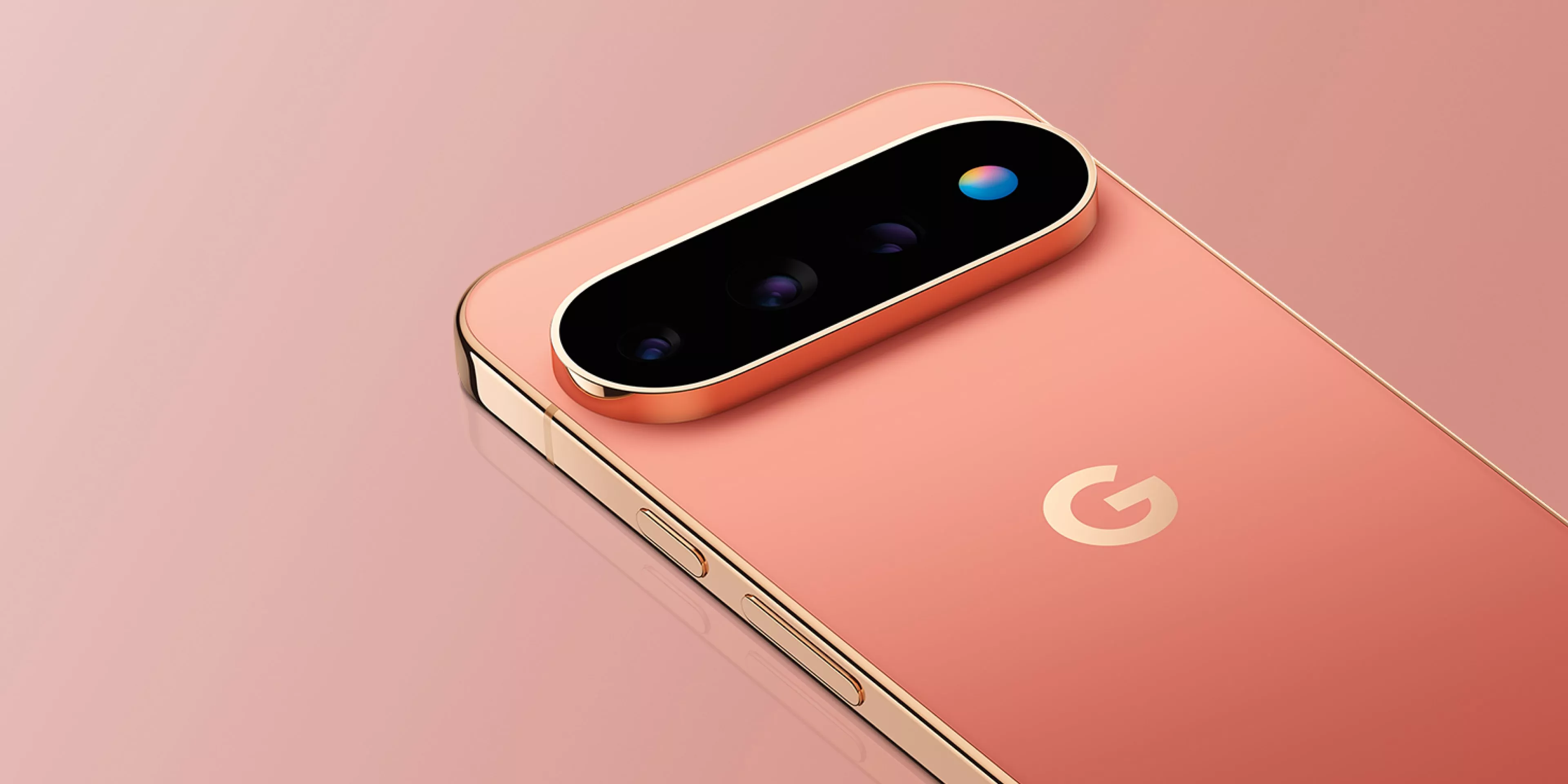 Close-up of coral Google Pixel smartphone back, showing triple camera bar and G logo on pink background