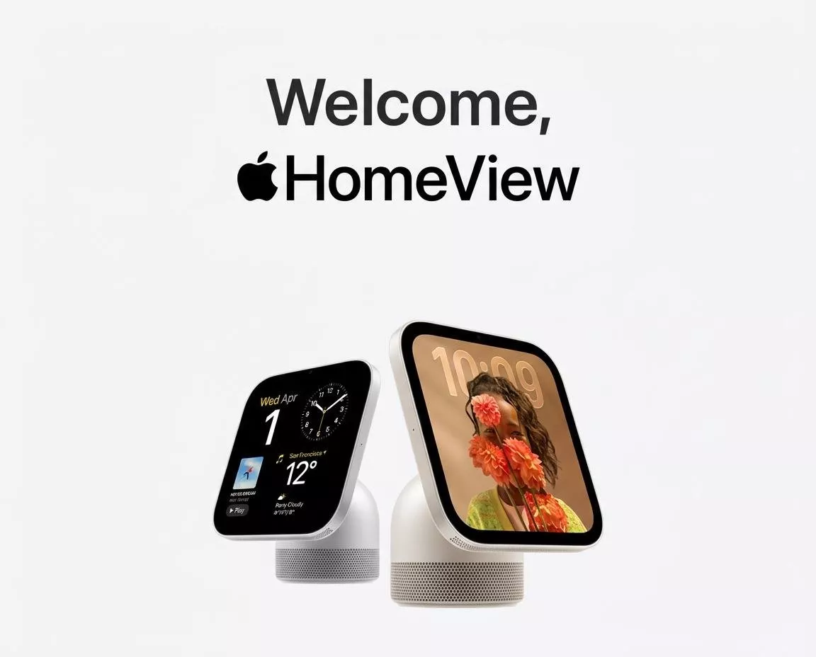 Apple HomeView smart display welcome screen showing two home hub devices with clock, weather and photo widgets