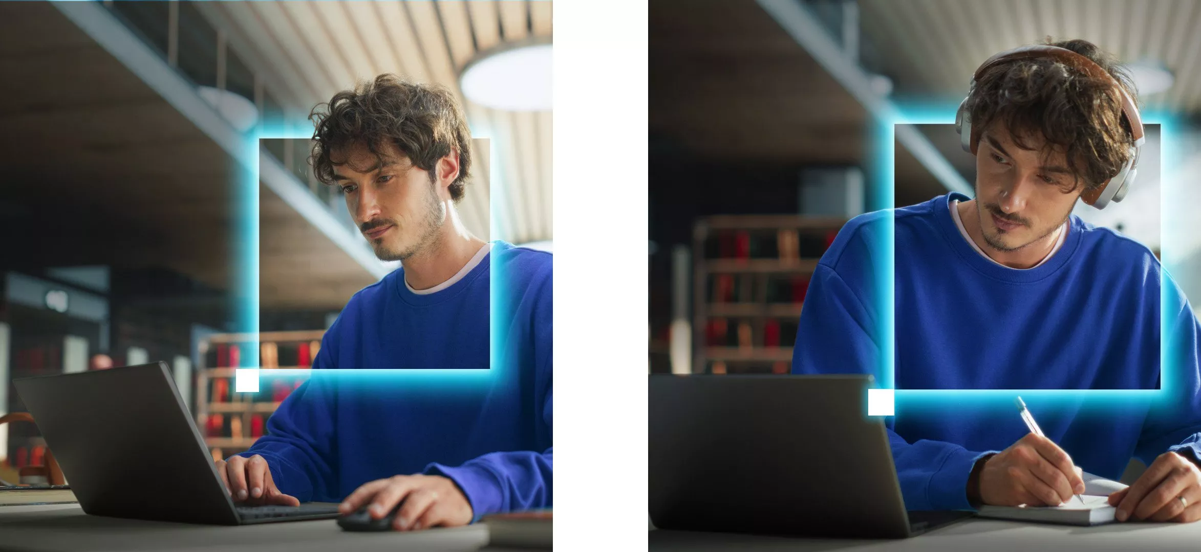 Person in blue jumper using a laptop and writing. Headphones visible, modern library setting in the background.