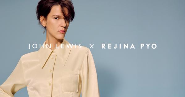 Fashion campaign portrait of woman in cream shirt with oversized collar, John Lewis x Rejina Pyo branding