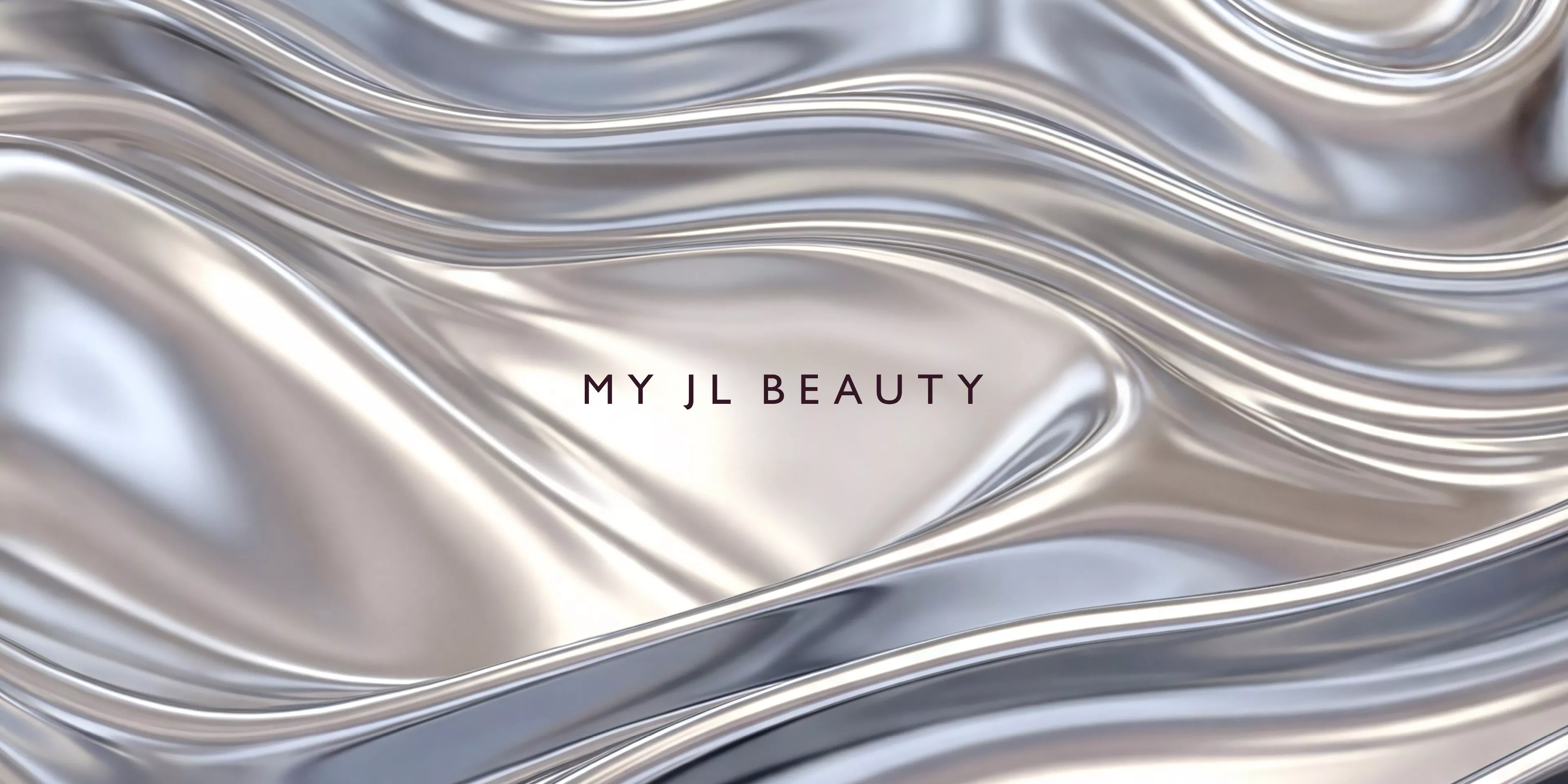 MY JL BEAUTY logo on shimmering silver liquid metal background, modern luxury skincare and beauty brand banner
