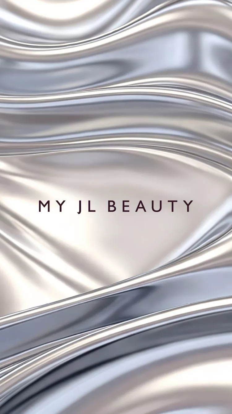 MY JL BEAUTY logo on glossy silver wavy background, luxury skincare and beauty brand banner design