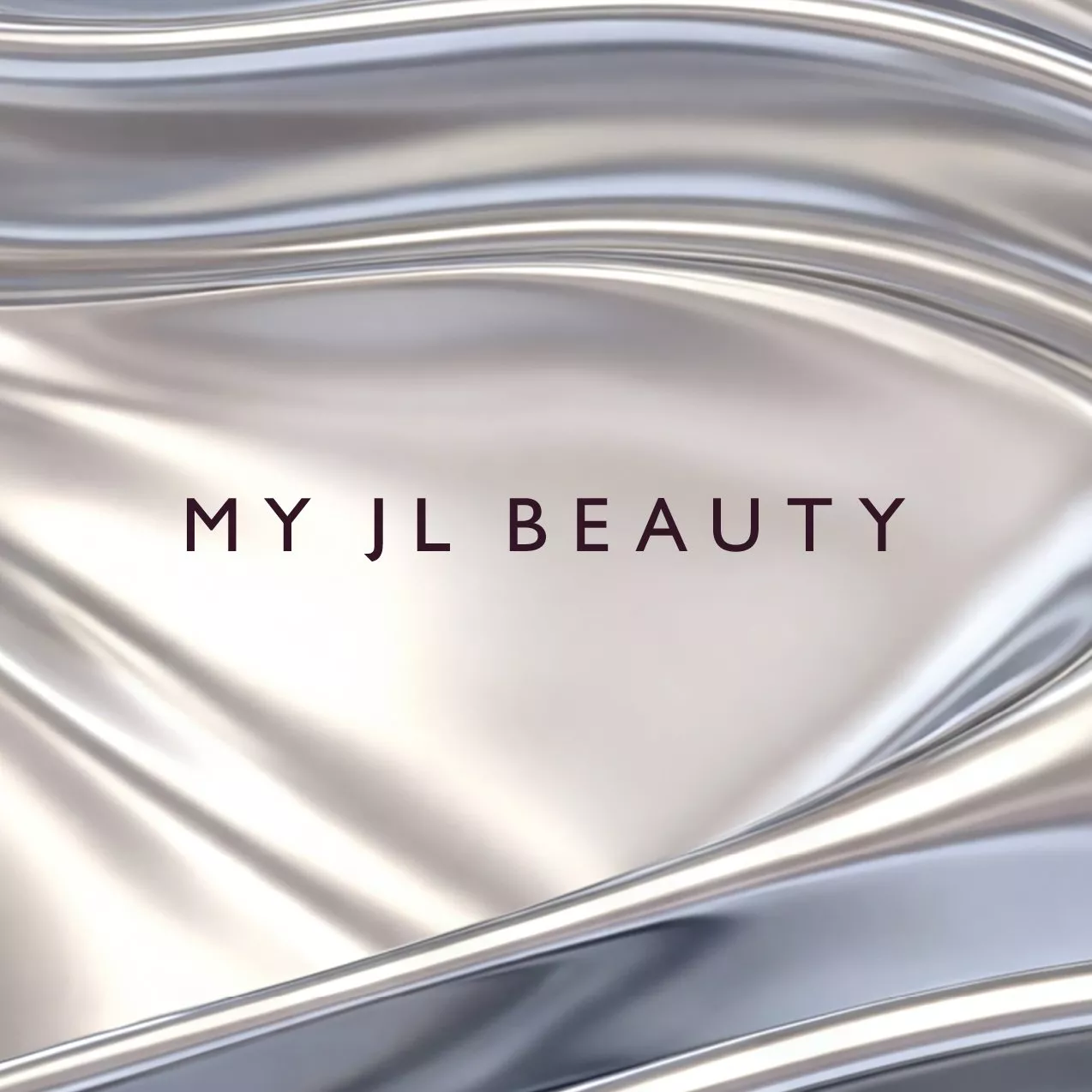 MY JL BEAUTY logo on sleek silver satin background, modern beauty brand banner for skincare and cosmetics promotion
