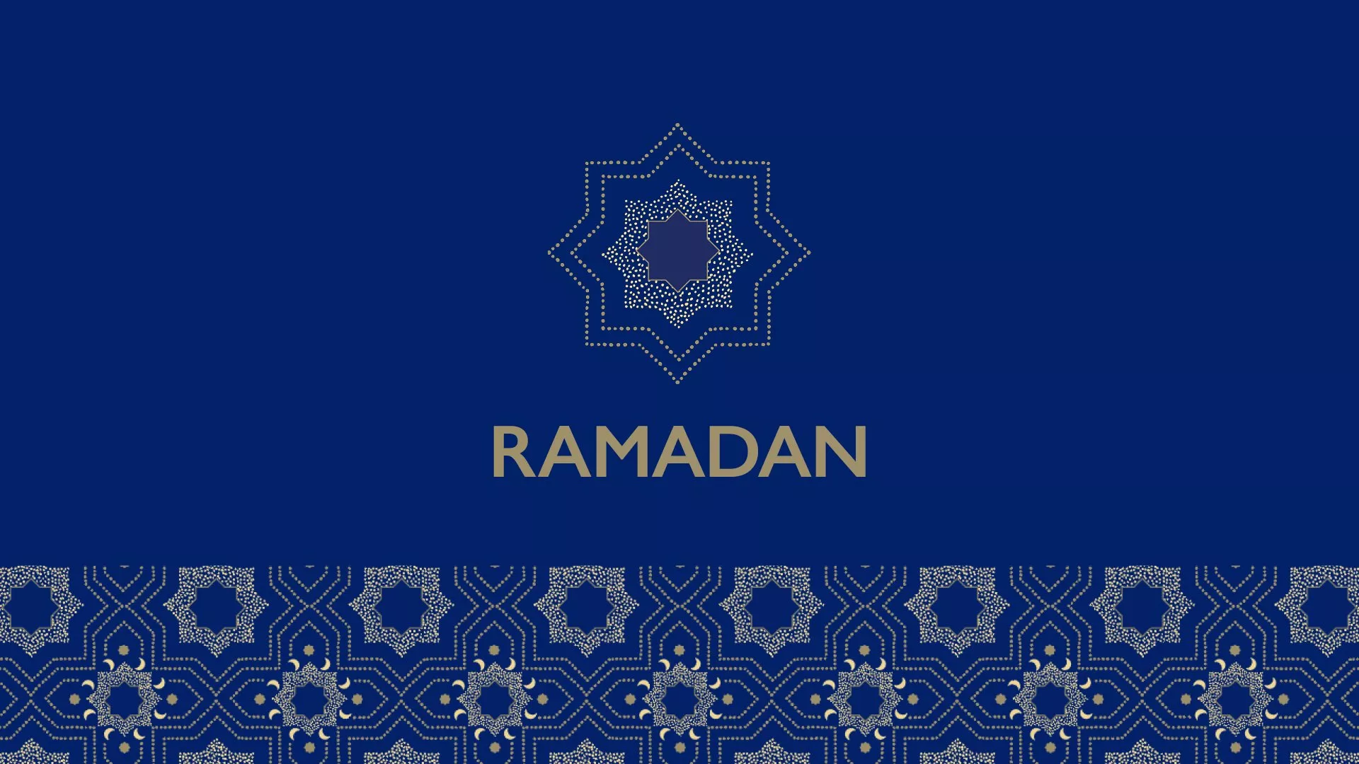 Elegant Ramadan design featuring intricate geometric patterns in gold on a deep blue background.