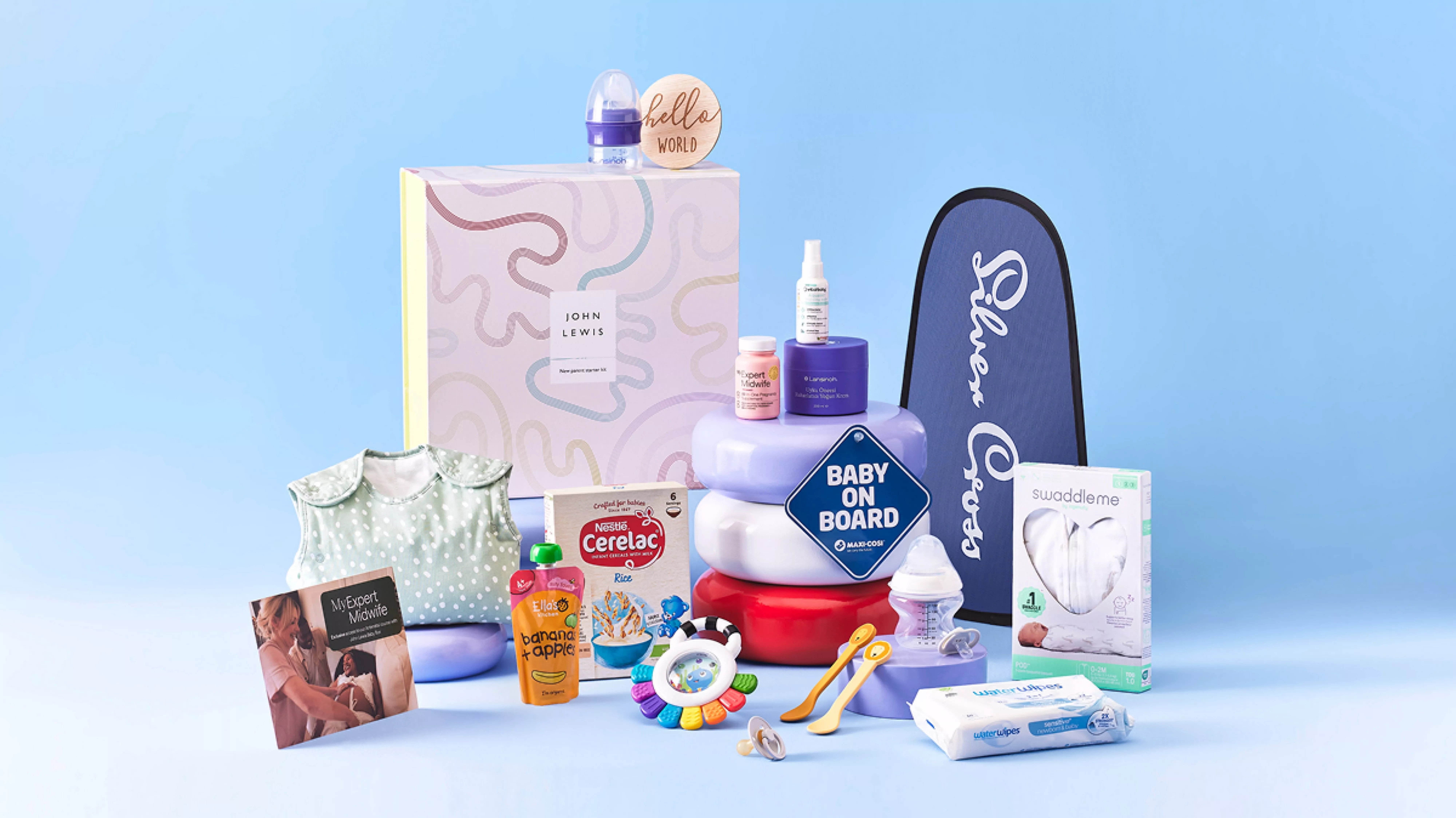 New baby gift hamper with John Lewis box, bottles, swaddle, wipes, bib, toy and Baby on Board sign on blue backdrop