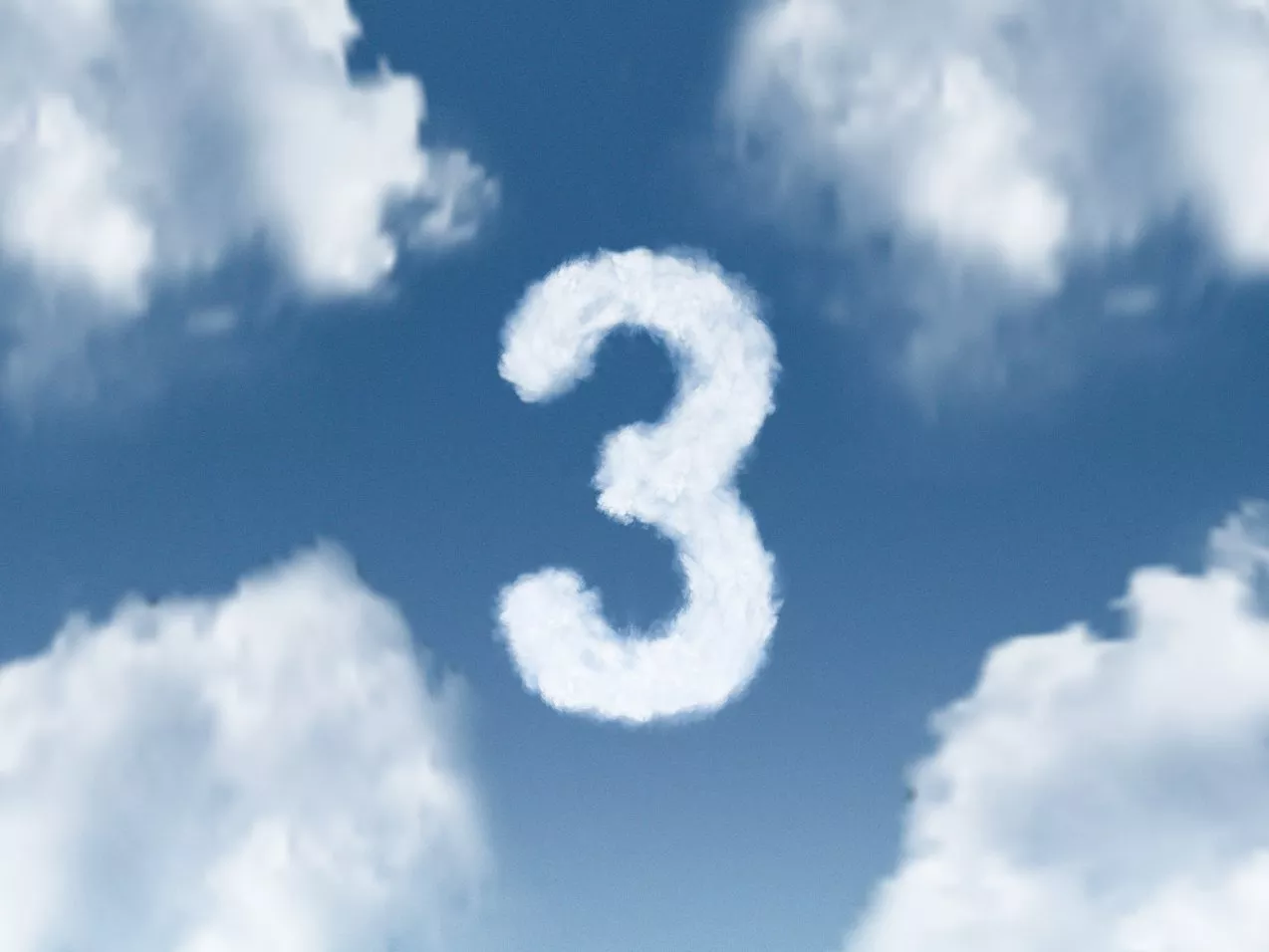Number 3 shaped cloud in blue sky with fluffy white clouds, ideal for countdown, weather or creative design concept