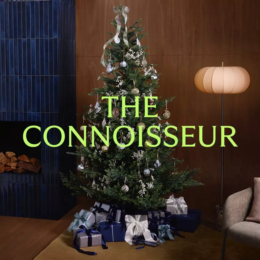 Decorated Christmas tree with baubles beside modern fireplace, gifts underneath in cosy living room setting