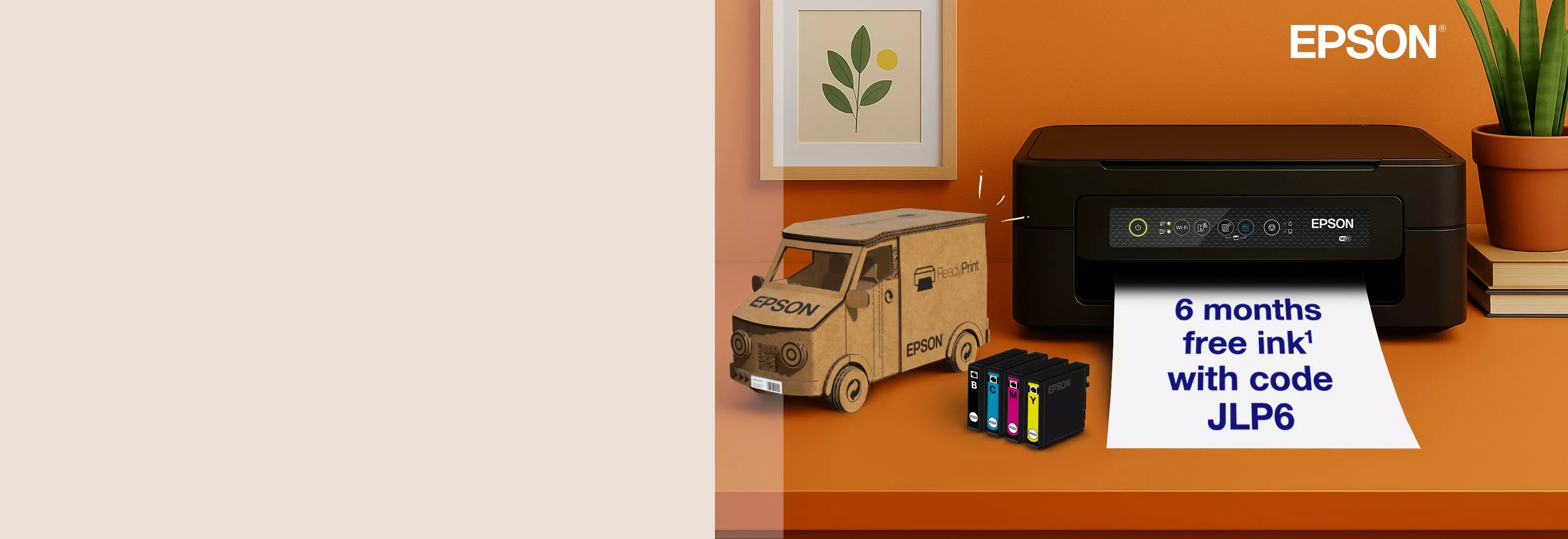 Epson home inkjet printer promotion showing “6 months free ink with code JLP6” and ink cartridges on desk