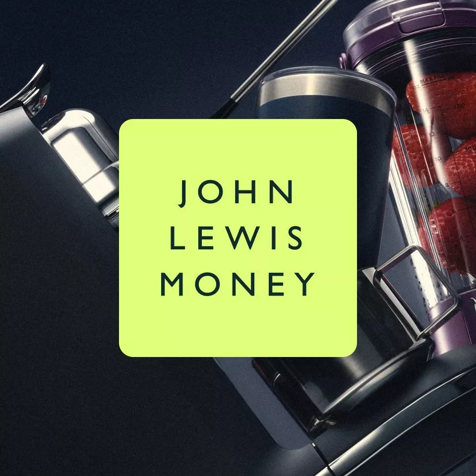 JOHN LEWIS MONEY green logo overlayed on a coffee machine and food blender