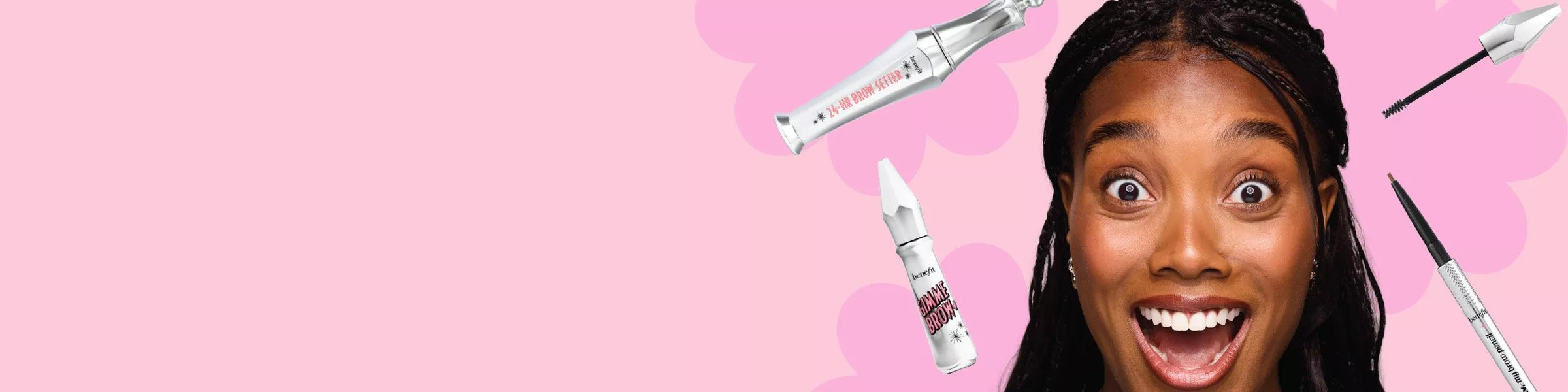Smiling woman on pink background with eyebrow makeup products, including brow setter gel, pencil and brush applicator