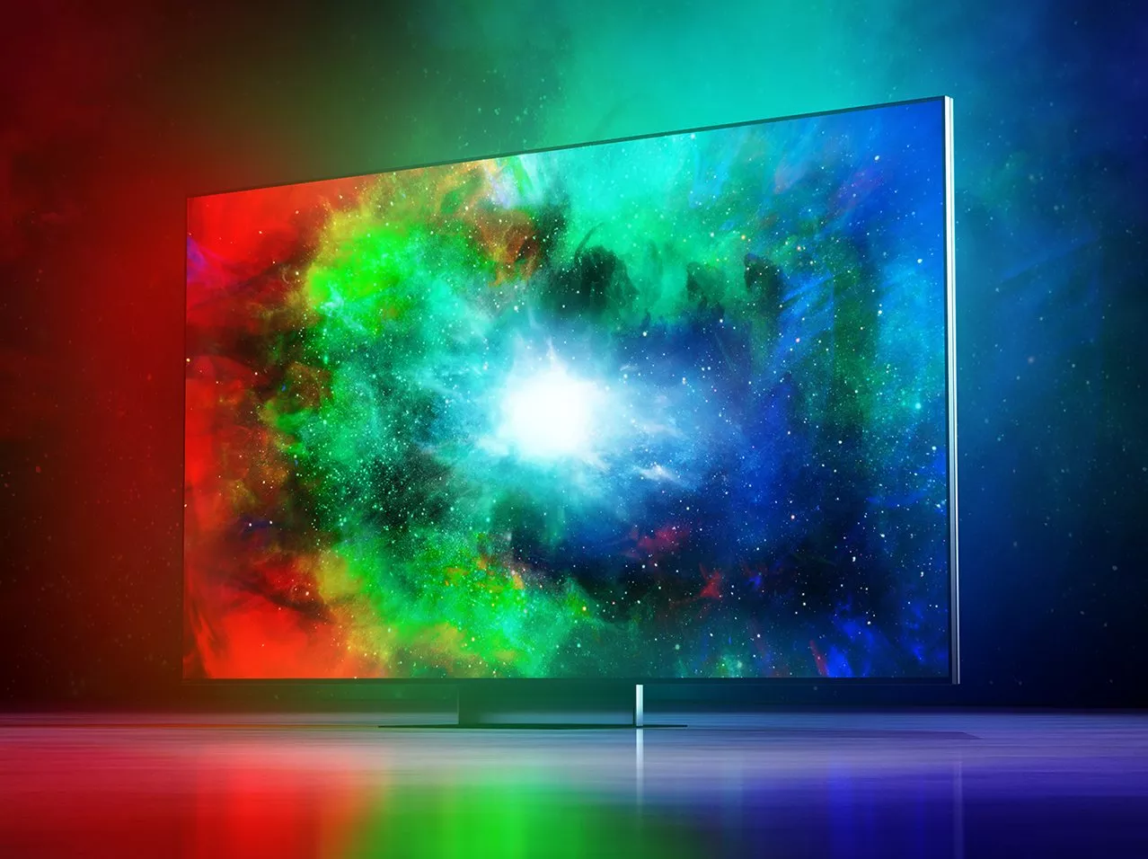 Football fans cheering in a stadium on a large 4K TV with soundbar, celebrating live match action at home
