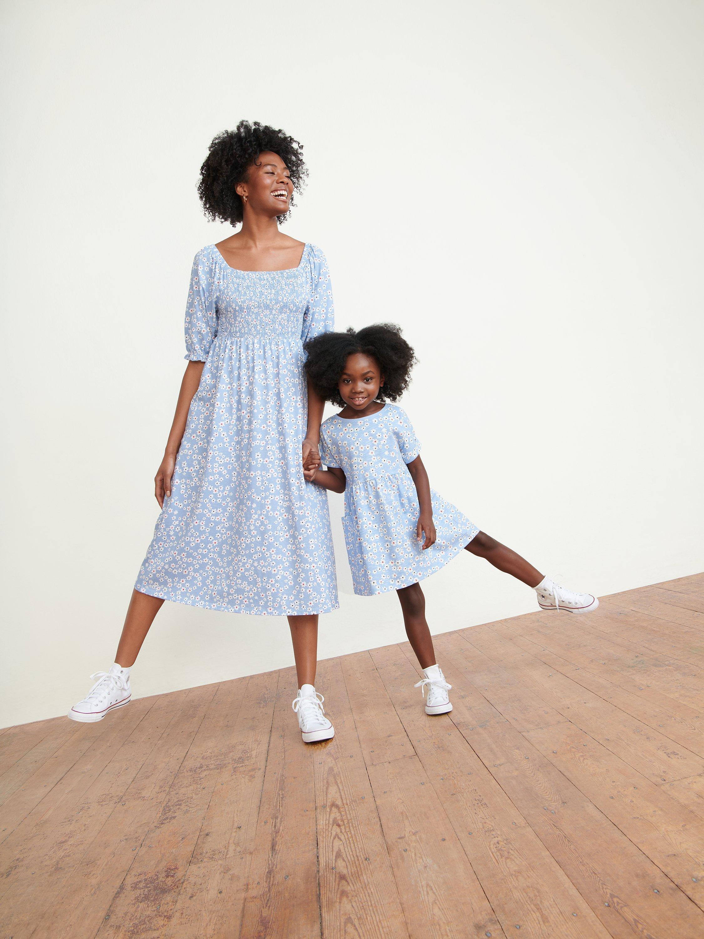 John Lewis ANYDAY Mini Me Ditsy Floral Shirred Waist Midi Dress, Blue