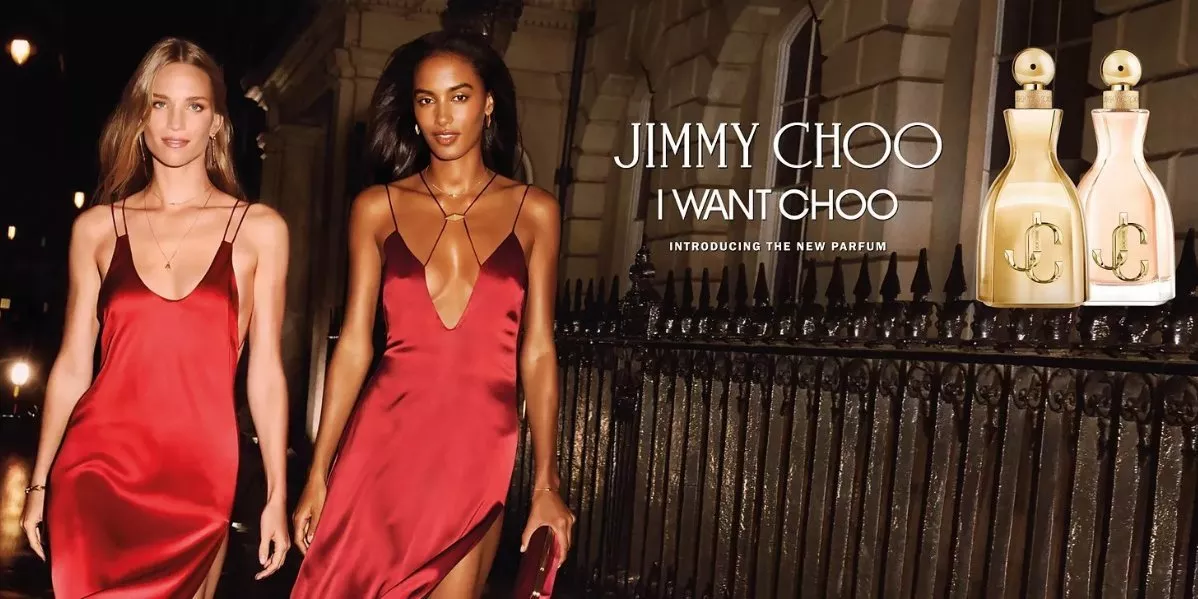 This is brand banner for Jimmy with two models and two perfume bottles