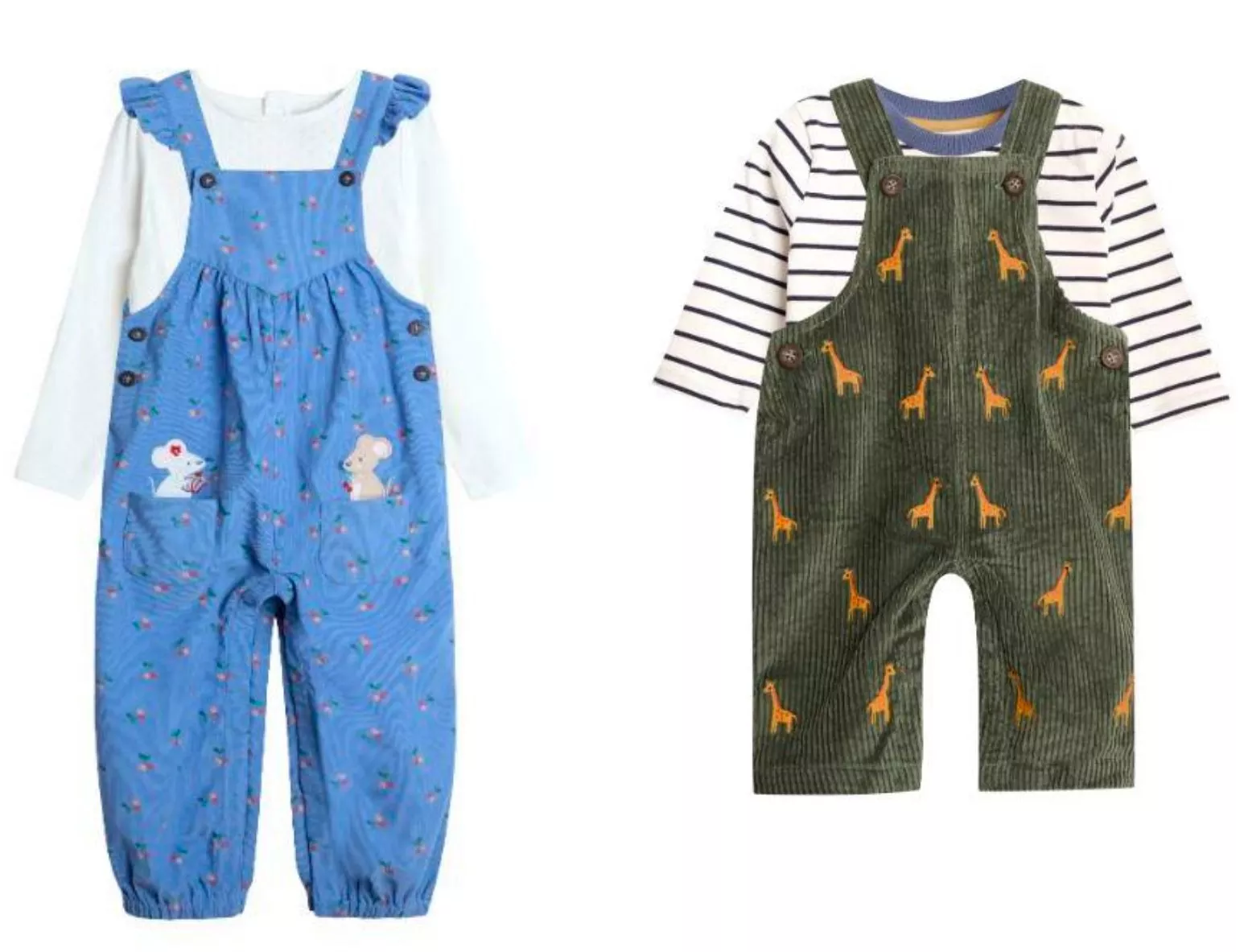 JoJo Maman Bébé Embroidered Cord Dungarees & Top Set, Cherry Printed Cord Dungarees & Top Set