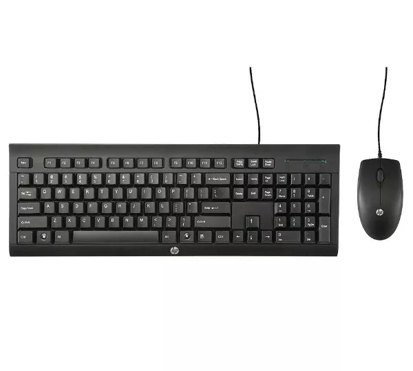 Black HP wired keyboard and mouse set, showcasing standard layout and sleek design for efficient computing.