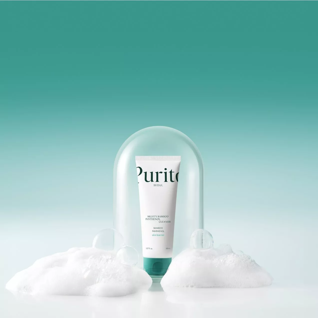 A bottle of Purito inside a bubble, surrounded by bubbles on a turquoise blue background.