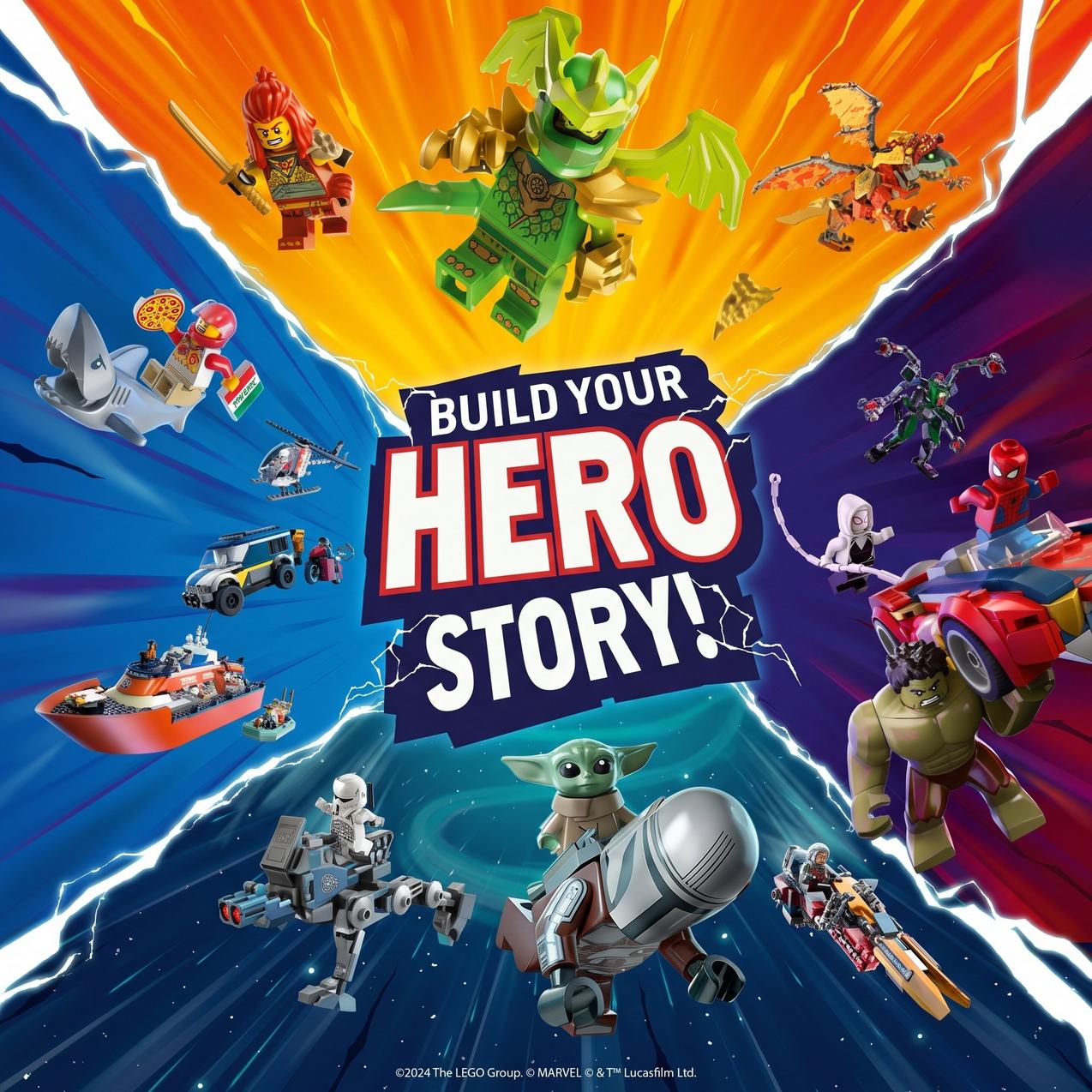 LEGO characters including Spider-Man, Hulk, Grogu, and NINJAGO figures around text reading "BUILD YOUR HERO STORY!" against a dynamic split-color background.