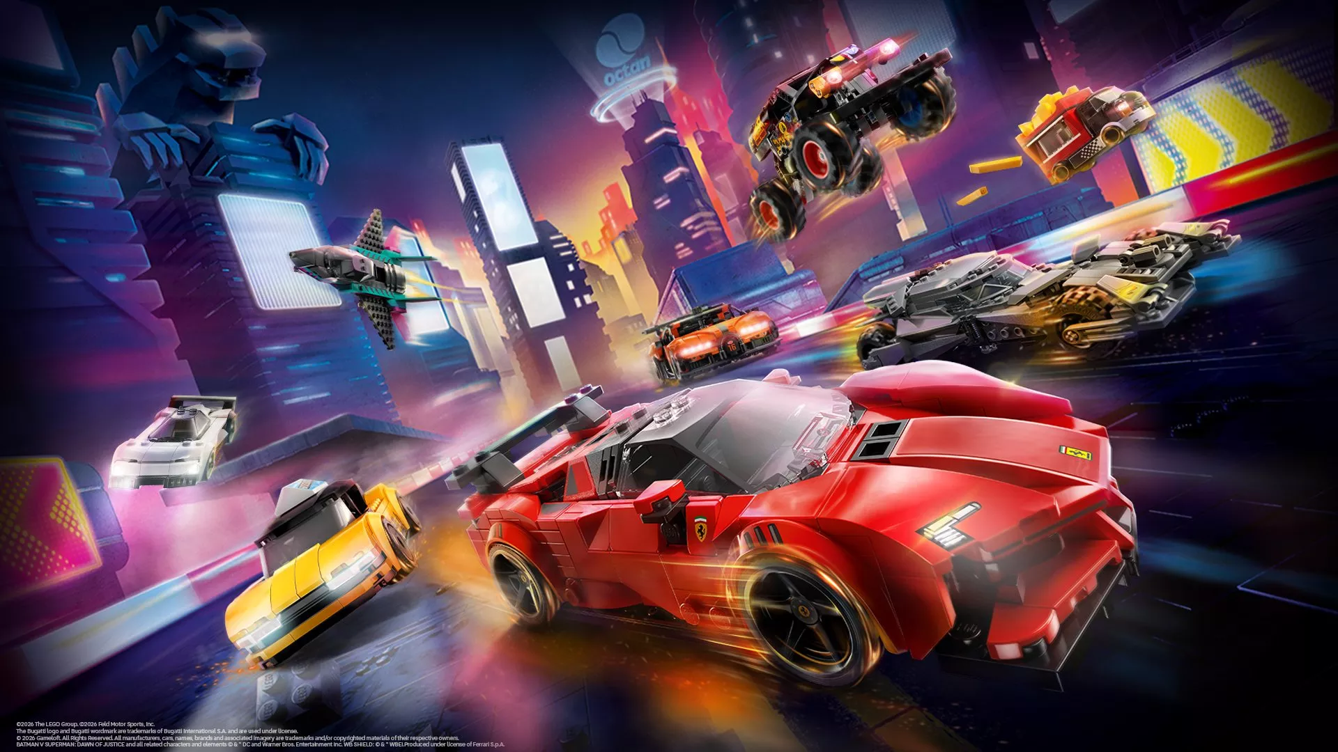LEGO racing cars speeding through a neon city track, featuring a red supercar and airborne monster truck stunt