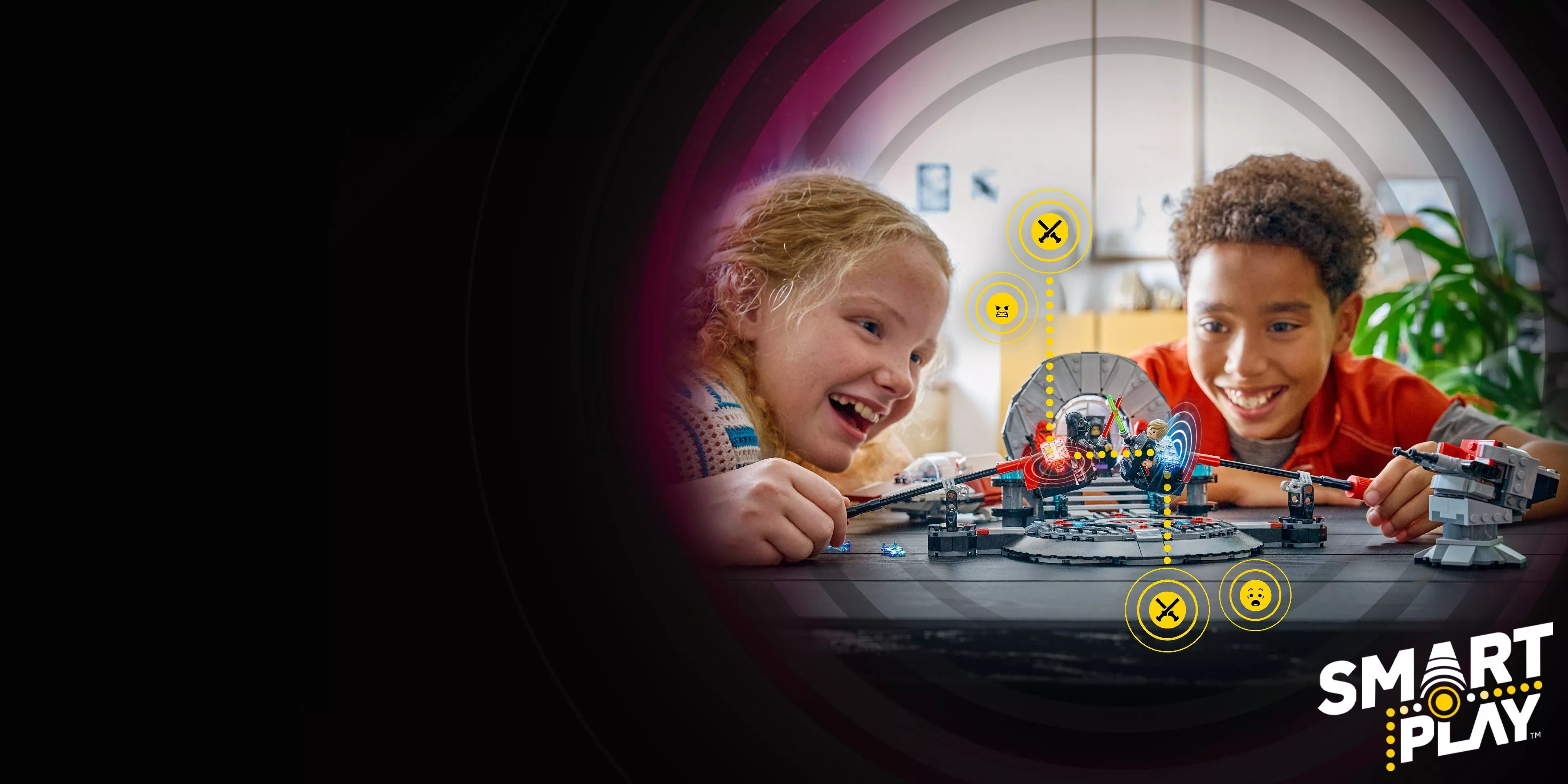 Two children are joyfully playing with a detailed toy set, surrounded by colourful digital effects.