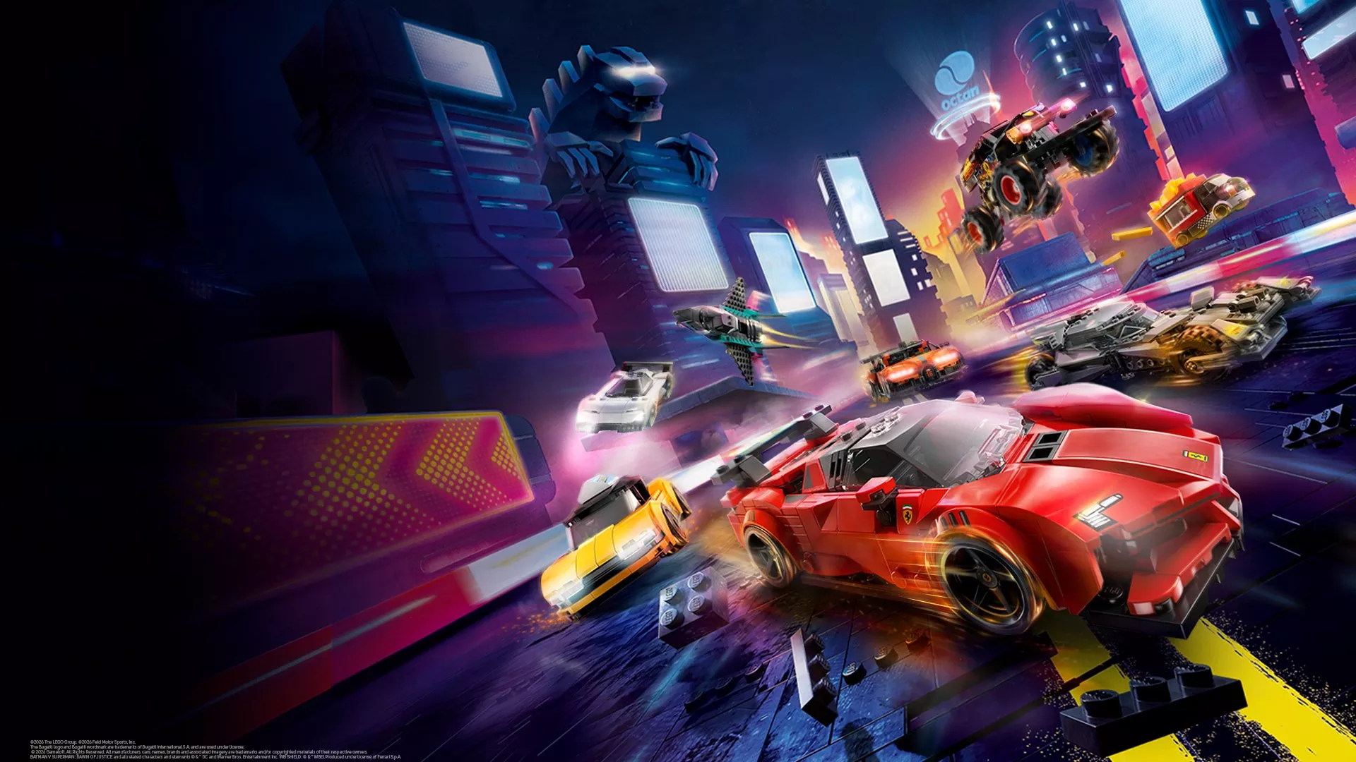 LEGO racing video game artwork with red sports car, neon city skyline, jets and vehicles in high-speed chase