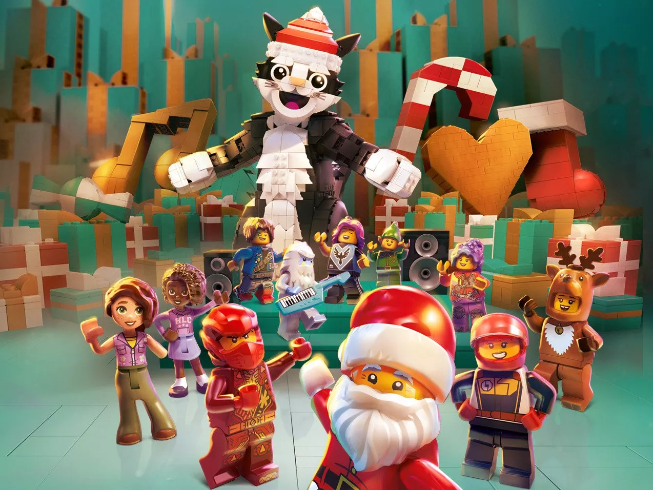 Christmas image featuring several LEGO minifigures, including Santa Claus and a figure resembling a red ninja, gathered beneath a giant LEGO cat wearing a Santa hat, surrounded by wrapped presents, musical notes, and a large candy cane