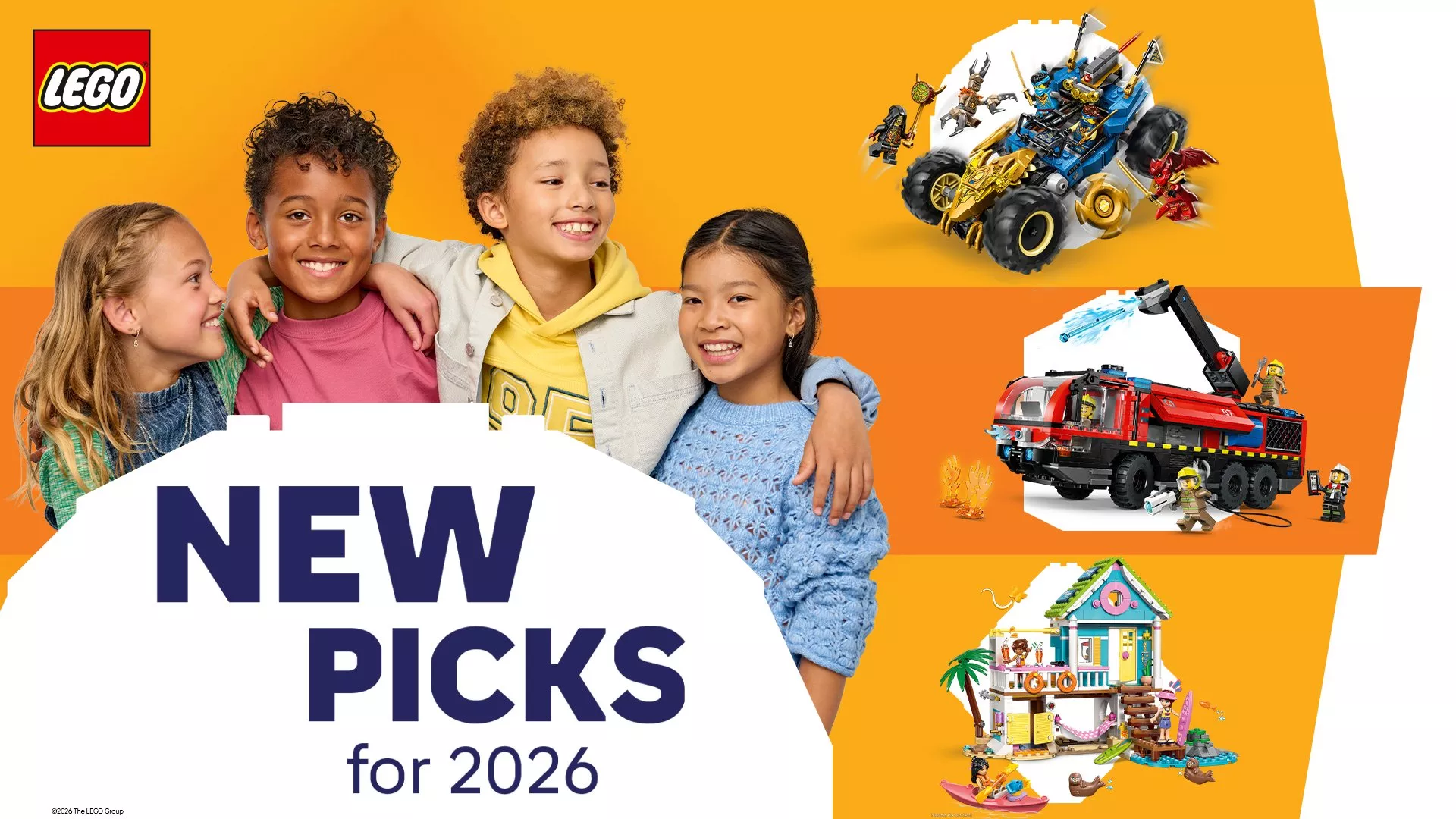 The image features four smiling children with their arms around each other against a vibrant yellow and orange background.