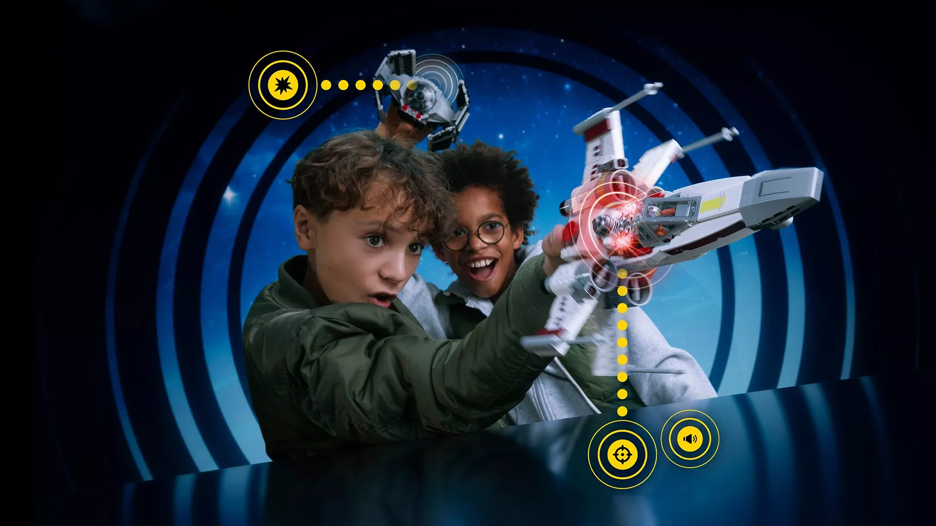 Two children excitedly play with futuristic toy spaceships against a cosmic, starry background.