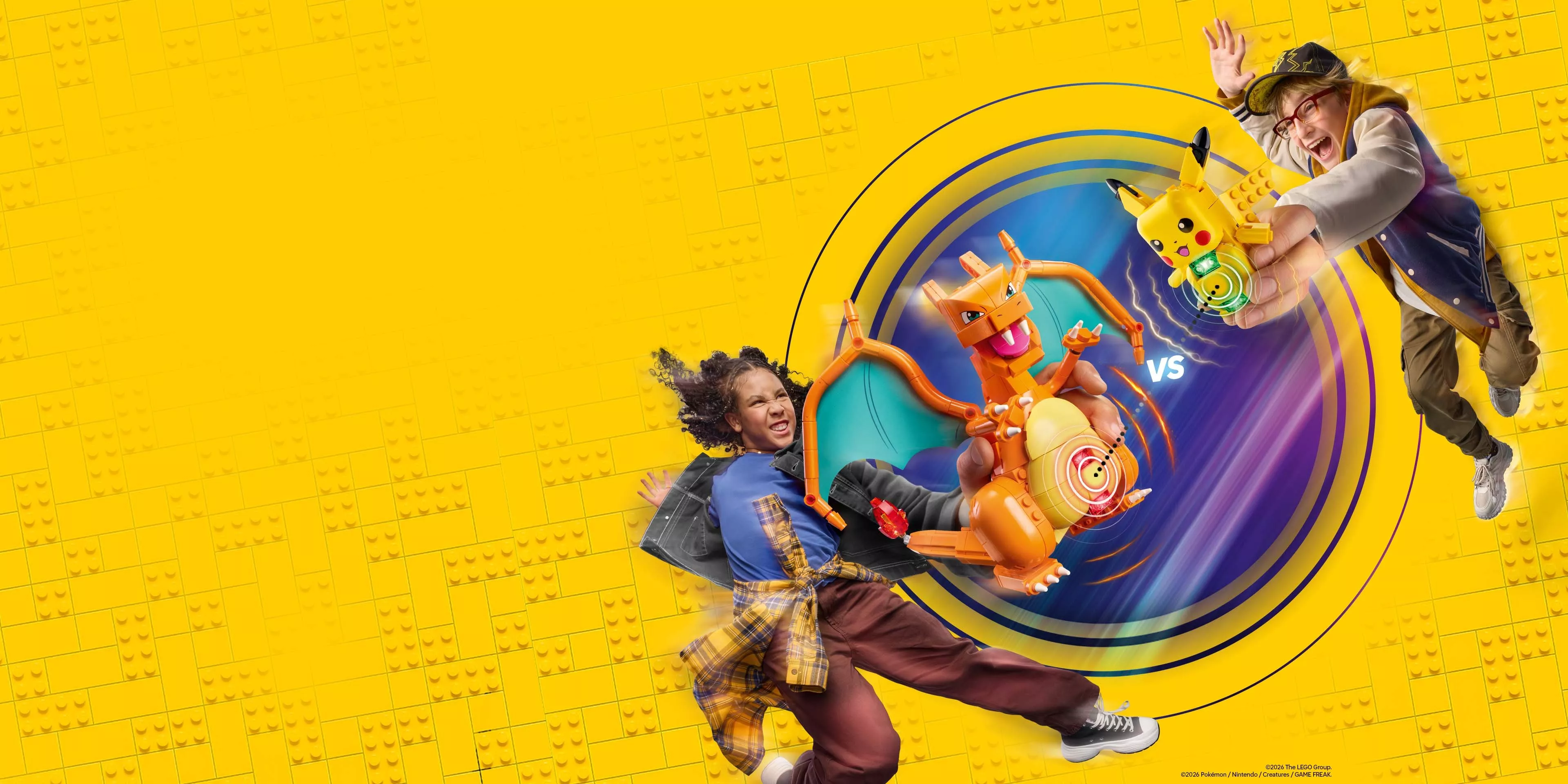 Kids in action with LEGO Pokémon Pikachu vs Charizard on bright yellow background, dynamic battle graphic