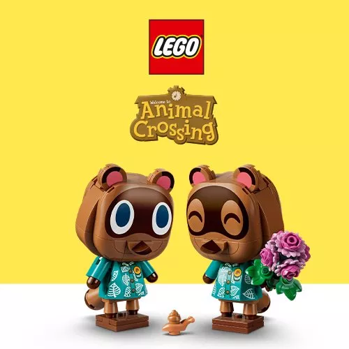 LEGO Animal Crossing set with minifigures by a cosy house, market stall and fruit tree on yellow backdrop