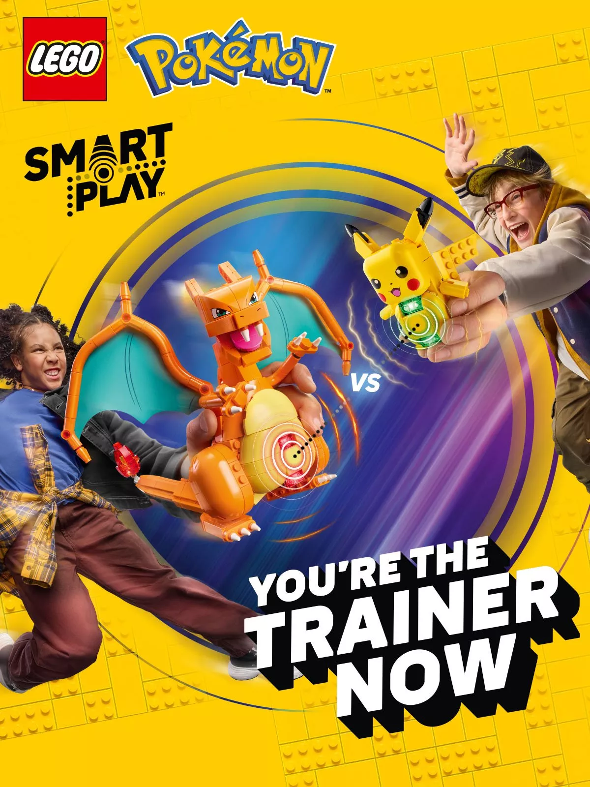 LEGO Pokémon Smart Play poster with kids battling brick-built Pikachu vs Charizard on a bright yellow background