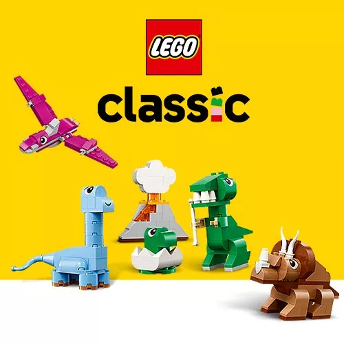 LEGO Classic set on yellow background with dinosaur builds, volcano, hatched egg and purple aeroplane model.