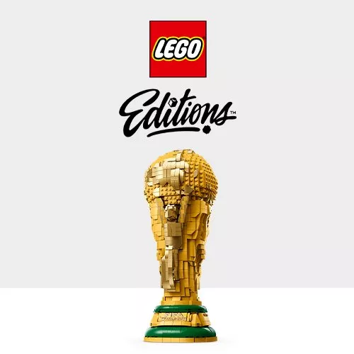 LEGO Star Wars Millennium Falcon set on display stand, official logo above on blue background product image