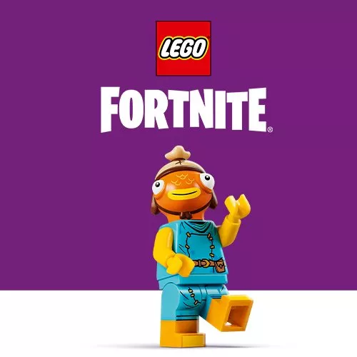 LEGO Fortnite promotional image with Peely and minifigure beside a colourful brick-built llama on purple background