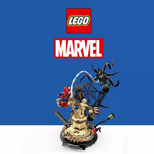 LEGO Marvel Iron Man minifigure holding a blue repulsor disc, with LEGO and Marvel logos on a blue background