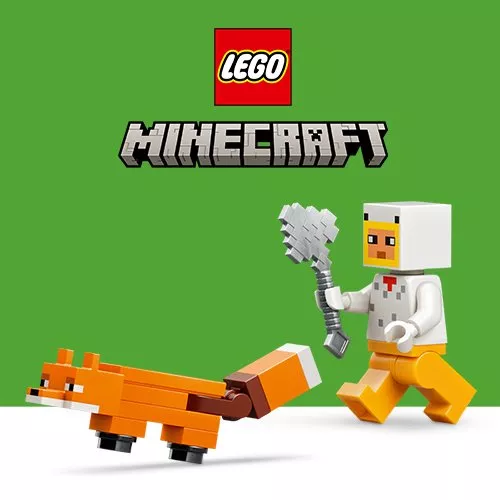 LEGO Minecraft set on green background featuring large pink pig, two piglets, and farm scene with figures
